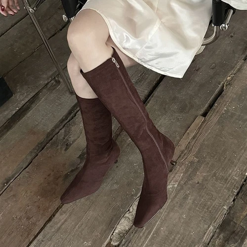 Womens Suede Square Toe Kitten Heel Stretched Knee Length Boots Chic Shoes - Bild 9 von 17
