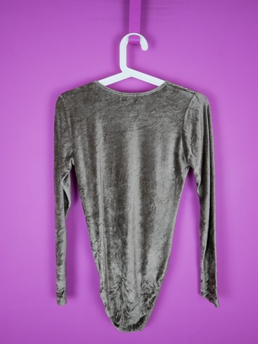 VINTAGE 80s 90s Beige Green Velvet Grunge Leotard Body Bodysuit Top S Small 10 - Picture 12 of 15