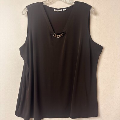 Susan Graver Womens 2X Brown V-Neck Sleeveless Top Gold Chain Link Detail Knit