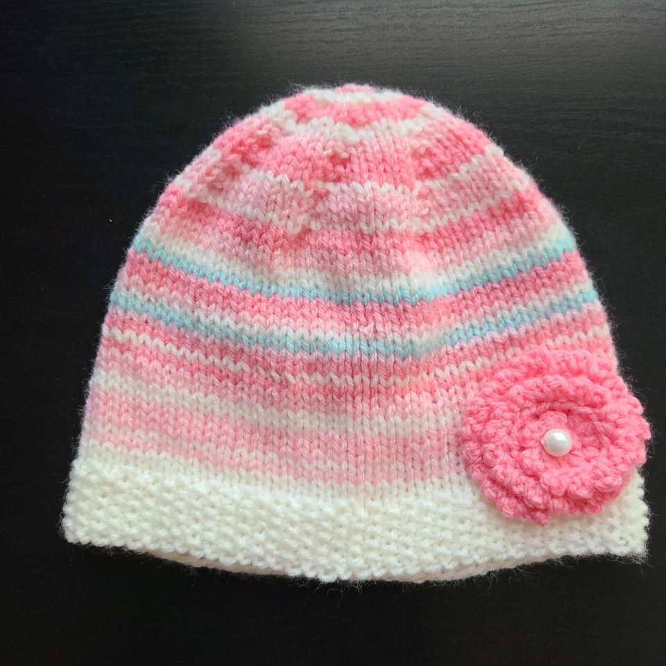 Bebé Niña Tejido Gorro Hecho a Mano Multicolor Flor Acrílico Talla 3-6 Meses - Imagen 2 de 4