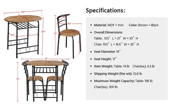 Наборы столов для столовой, кухонные столы и стулья из 3 предметов, компактный дизайн - Изображение 4 из 4