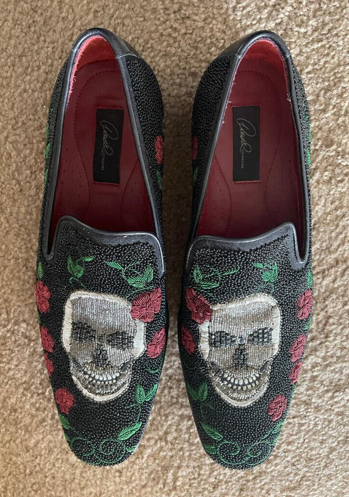 Donald J Pliner PASCOW Beaded Black Silver Skull Red Rose  display picture 1
