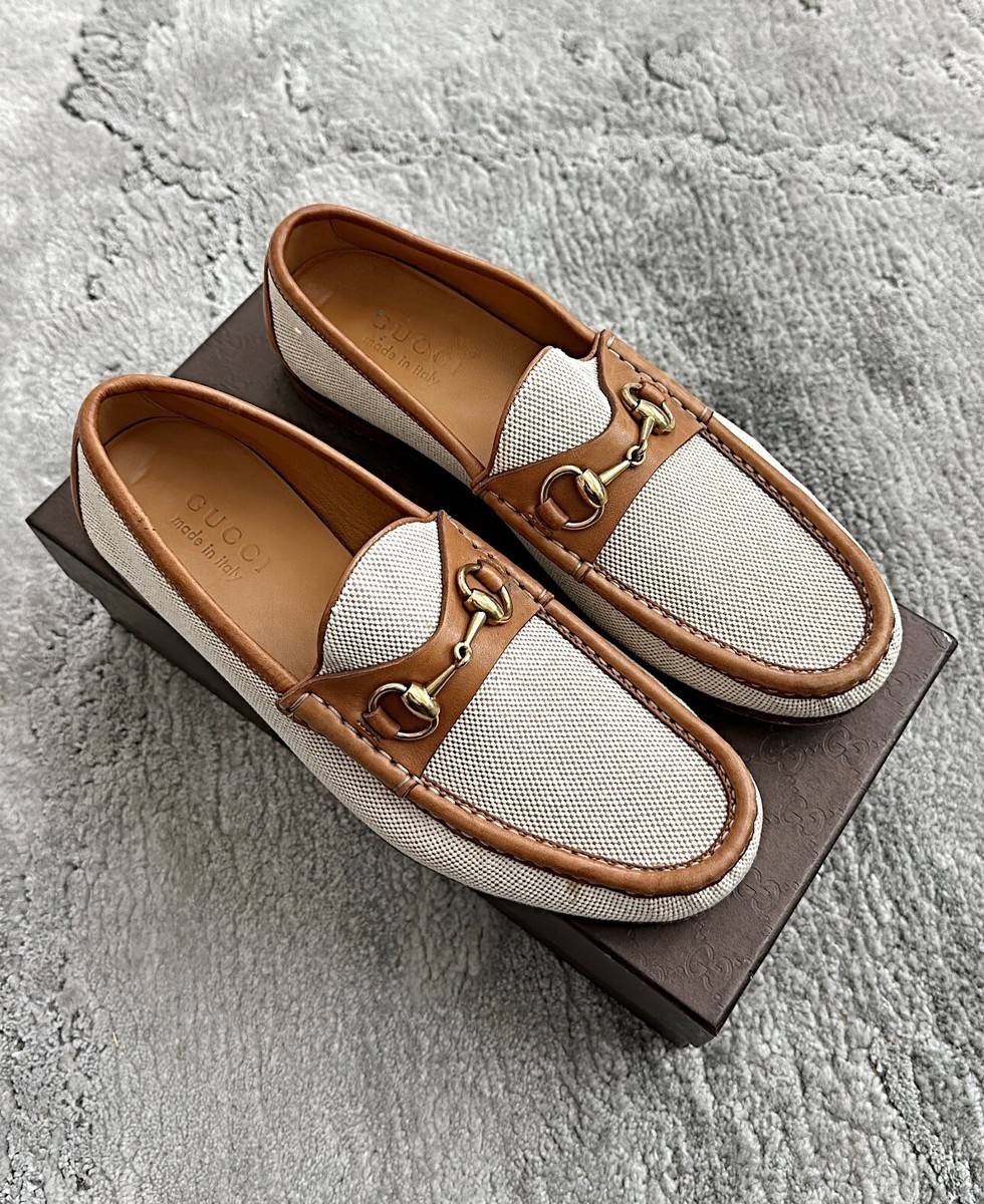 Authentic Gucci Gold Horsebit Mens Leather Trim Loafer US7.5 EU41