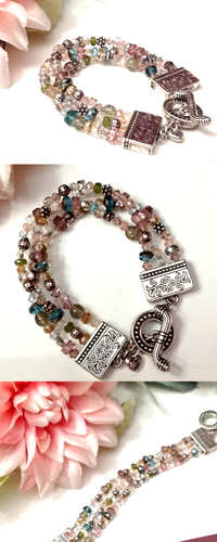 BRIGHTON OPHELIA 7.5" BRACELET SILVER 3-STRAND MULTICOLOR RHINESTONES TOGGLE LN - Picture 2 of 7