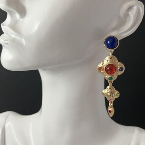 A Pair Dangle Earrings Pierced Mogul Cabochon Matte Gold Faux Lapis - Picture 1 of 6