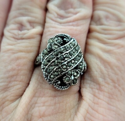 Vtg Sz 10 Ring Scrolls Marcasite 18KGE White Gold Electroplated