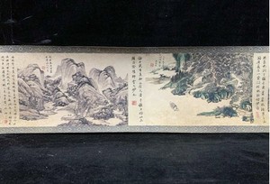 Old Chinese Decor Long Scroll Painting Landscape With Wooden Box 王时敏山水图 13844