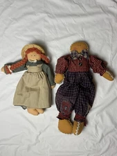 Pair of Primitive Rag Dolls – Handmade Cloth Boy & Girl Country Farmhouse Décor