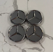 SET OF 4 Mercedes Benz grey & Chrome 75MM Wheel Rim Center Hub Caps logo gray
