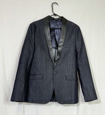 NEW 🔥 ZARA MAN Sz 38 Navy Blue Denim Couture Satin Lapels Blazer Tuxedo Jacket