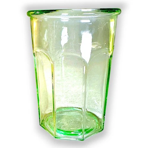 Vtg Anchor Hocking Green Uranium Glass Octagonal Jelly Tumbler Glows UV