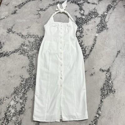 NWT Commense Linen Blend Halter Midi Dress White Button Front Tie Medium