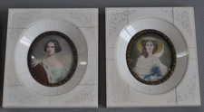 Pair ANTIQUE Vintage French Paintings Signed Portrait of Pretty Ladies