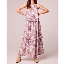 Band of the Free Liliane Purple Paisley Boho Casual Tiered Maxi Airy Dress L