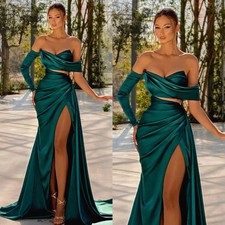 Dark Green 2 Piece Satin Prom Dress Off Shoulder High Slit Mermaid Evening Gown