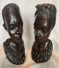 Pair of Vintage African Hand-Carved Wooden Heads/Busts - Male & Female - 7” Tall