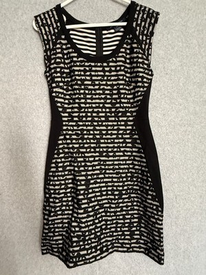 French Connection Dress Women's 6 Black Lace Bandage Stretch Bodycon Cap Sleeves