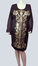 NEW~FTF~Black &Metallic Gold Print  Bodycon Scuba Sheath Dress Sheer Long Sleeve