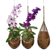 PANWA Handmade 100% Thai Bamboo Hanging Orchid Basket – 4 Inch Set of 3