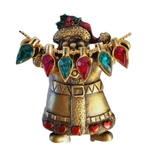Vintage JJ Jonette Christmas Santa Brooch Pin Signed - Antiqued Bronze Finish