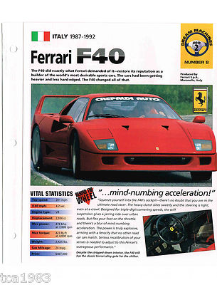 1987-1992 Ferrari F40 Spec Sheet Brochure Catalog Flyer, 1991