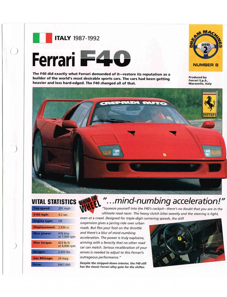 Ferrari F40 1987 - 1992 / Hoja de especificaciones F-40 / Folleto / Catálogo / Folleto, 1991, Foto 2 de 4