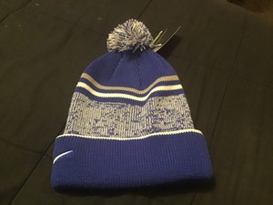 Nike Tossle Cap Beanie Removeable Pom Adult Unisex Blue w/ Grey White Stripes | eBay