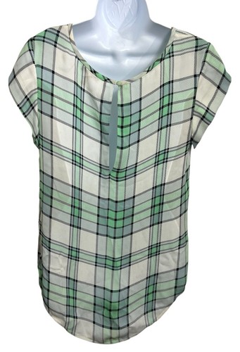 Joie Green Plaid Blouse Sz Small 100% Silk Green Cap Sleeve Top Round Hem - Picture 5 of 6