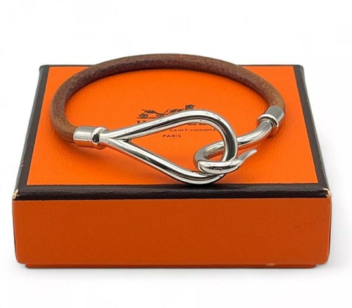 Hermes Jumbo Bracelet Brown Leather with Silver Tone Hook w/ Box