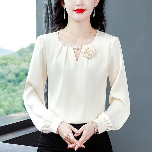 Damen Rundhalsausschnitt Langarm Perlen Business Chiffon Frühling Passform Shirt Bluse Top - Bild 4 von 23
