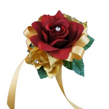 Wrist Corsage - Two Artificial Gold Roses, Gold Ribbon and Color of Your Choice