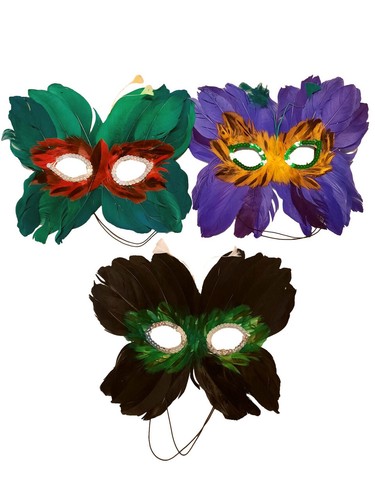 5 Butterfly Feather Masks 3 Assorted Colors Purple, Black, Green - Picture 1 of 4