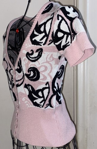 Vintage Bebe Pink Black White Y2K Abstract Artsy Button Down Cardigan Size M - Picture 3 of 4
