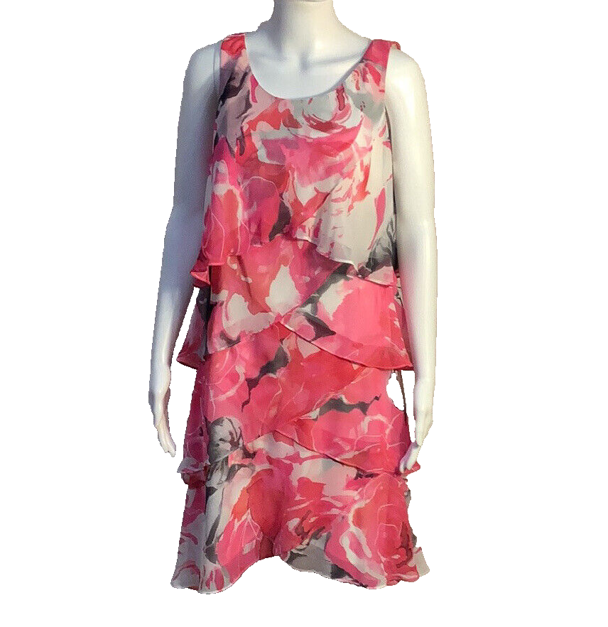 J R Nites By Carol Lin Pink Floral Chiffon Tiered Ruffle Sleeveless Dress  Sz 14
