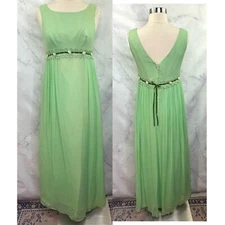 Vintage 60s Green Maxi Dress SZ M Cottagecore Regency Fairy Victorian Edwardian