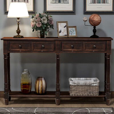 58'' Wood Console Table Rustic Entryway Table w/Bottom Shelf & 2 Storage Drawers
