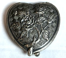 Compact Heart Shaped Compact & Pic Frame Small Silver Mirrored Metal Compact