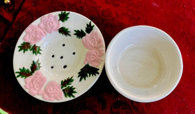 Vintage Ceramic Floral Soap Dish and Rinse Cup Set - Original