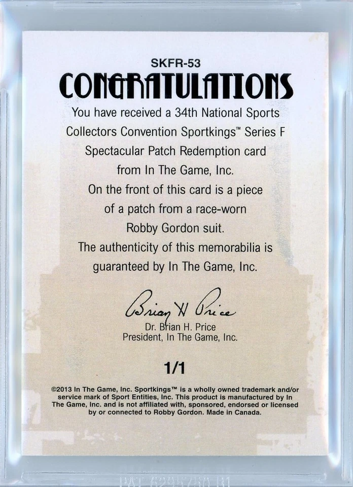 2013 SPORTKINGS SPECTACULAR PATCH 1/1 ROBBY GORDON - BGS 9 - SPARCO LOGO!! WOW!! - Image 2 of 2