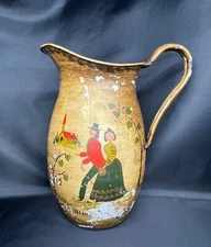 Vintage Signed Hand-Painted Folk Art Toleware Primitive Enamelware Pitcher 11"