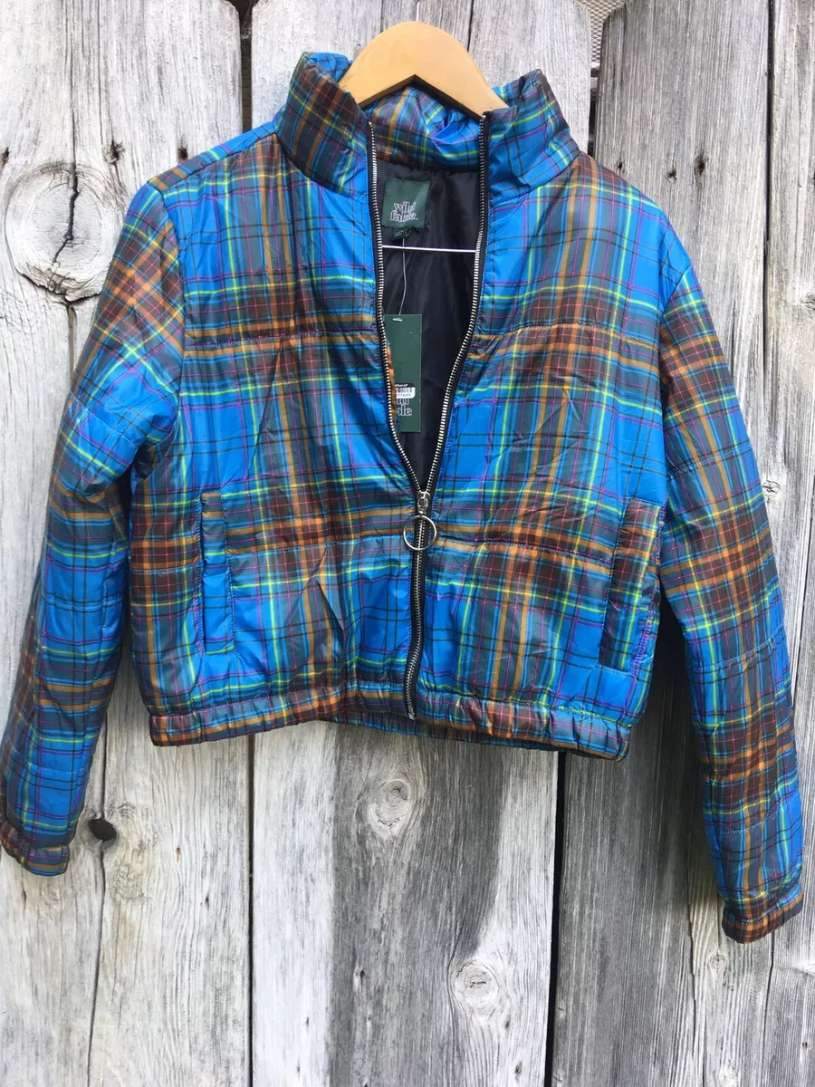 NWT Wild Fable Women's Juniors Plaid Puffer Jacket Size Medium - Blue Plaid