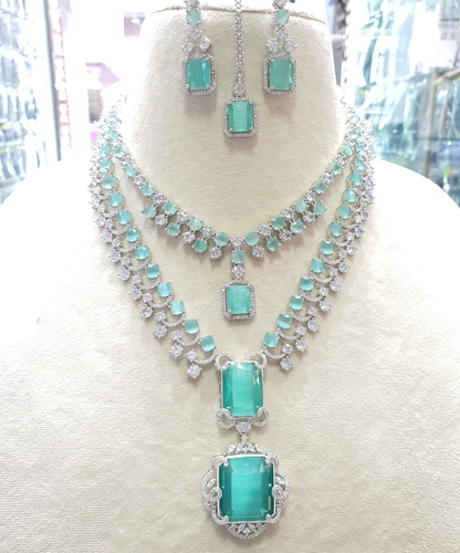 Placcato Argento Bollywood Indiano Stile Cz Blu Collane Orecchini Gioielli Set