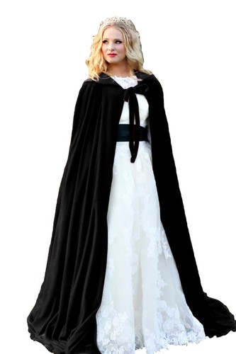 Black Wrap With Hood Wedding Cloak Bridal Coat Long Winter Velvet Bolero Women - Picture 15 of 16