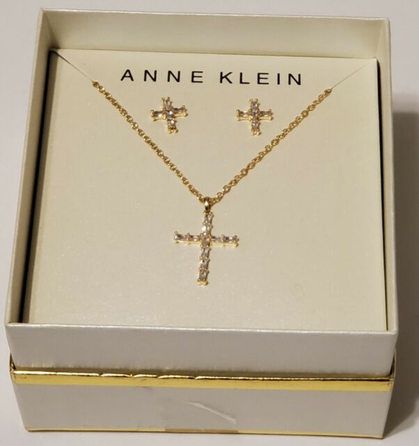 ANNE KLEIN GoldTone Baguette Crystal Cross Pendant Necklace & Stud Earrings Set