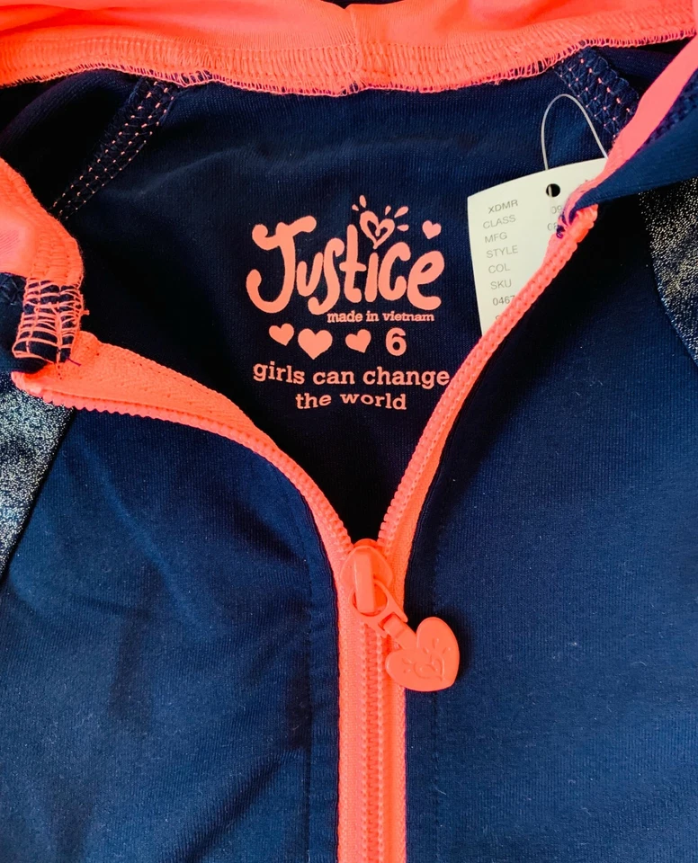 Chaqueta con Capucha JUSTICE Azul Marino Neón Ligera Collares Extra Talla 6 Atlética Nueva con Etiquetas Foto 3 de 4