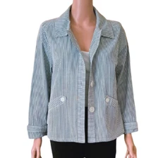 Women's Gray Stripe Seersucker Jacket M Lightweight Cotton Spring Blazer