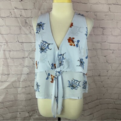 lush sheer layered Floral Sleeveless blouse floral- Light Blue tie neck sz LG