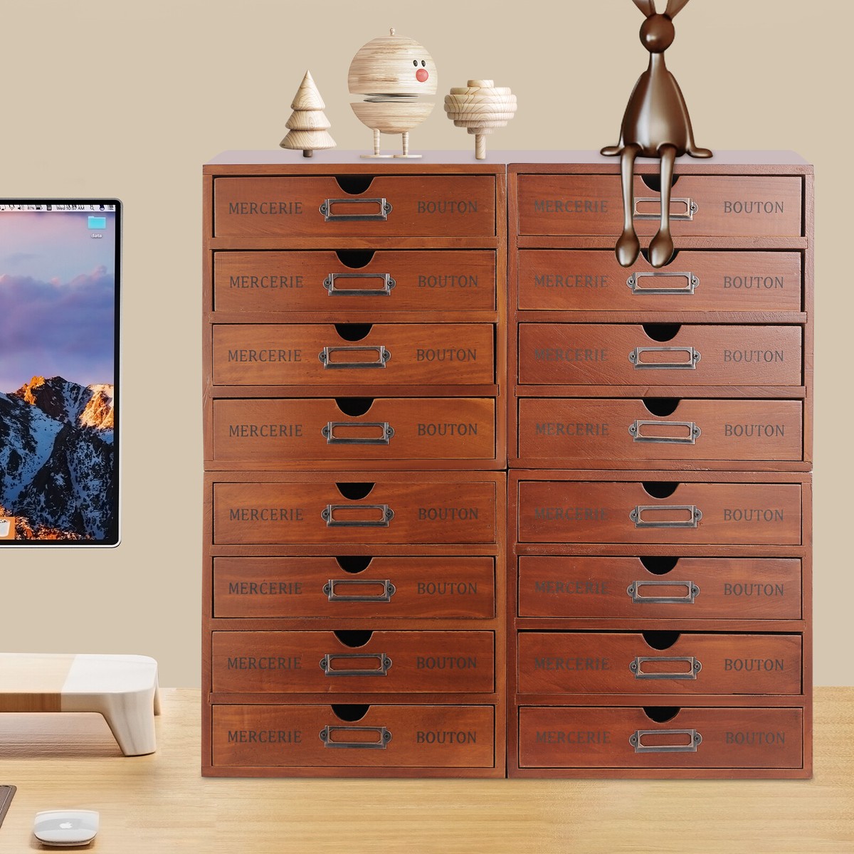 Vintage Library Desk Drawer Organizer - Wooden Storage Box With 16