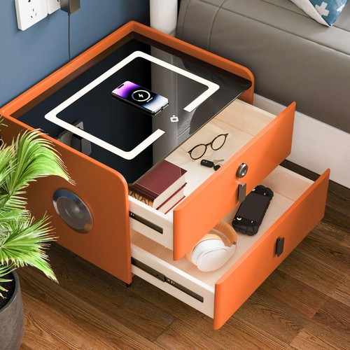 20" Smart Nightstand Fingerprint Lock,3-Color LED Light,Music Player w/2-Drawers