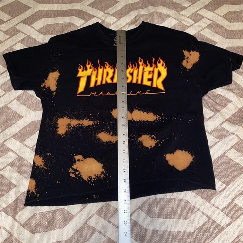 Thrasher Crop Top T Shirt Size Medium Bleach Fire Logo Cut Off Black Skateboard - Picture 6 of 7